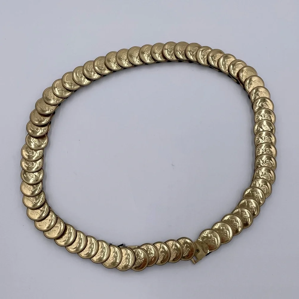 Vintage 80s Gold Coin Medallion Embossed Disc Stretch Belt One Size Boho Glam